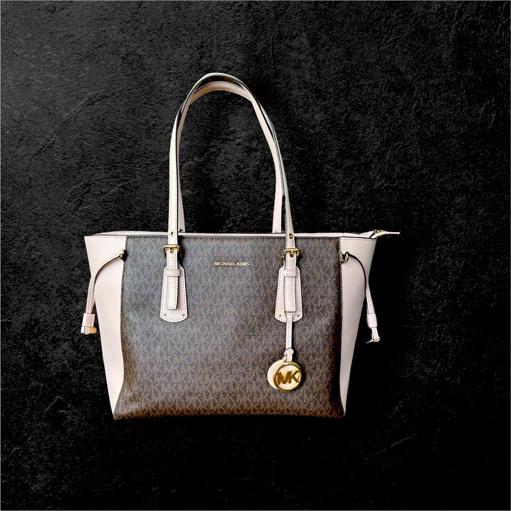Michael Kors Voyager Medium Brown & Pink Tote Pocketbook Bag Logo Gold